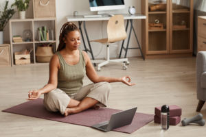 woman doing yoga in her loungeroom